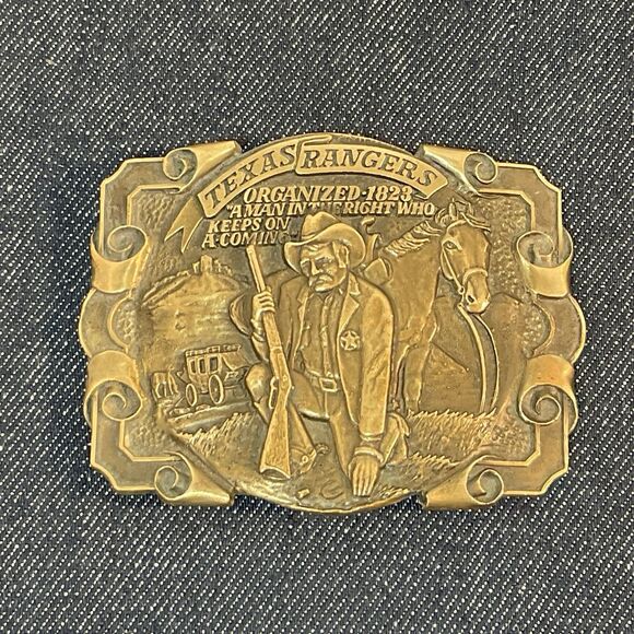 Vintage 1970s TEXAS RANGERS Old West Lawman Solid Brass Belt Buckle by ADM - Picture 3 of 4